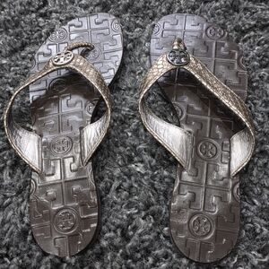 Tory Burch Metallic Bronze Logo Flip Flop Sandals